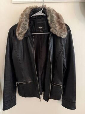 Mossimo Supply Co. Black Leather Jacket with Faux Fur Collar